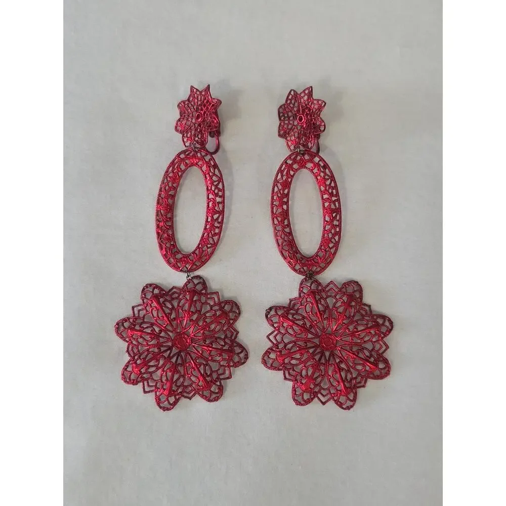 Vintage Long Dangle Statement Earrings Red Lace Like Filigree ClipOn Delicate 4